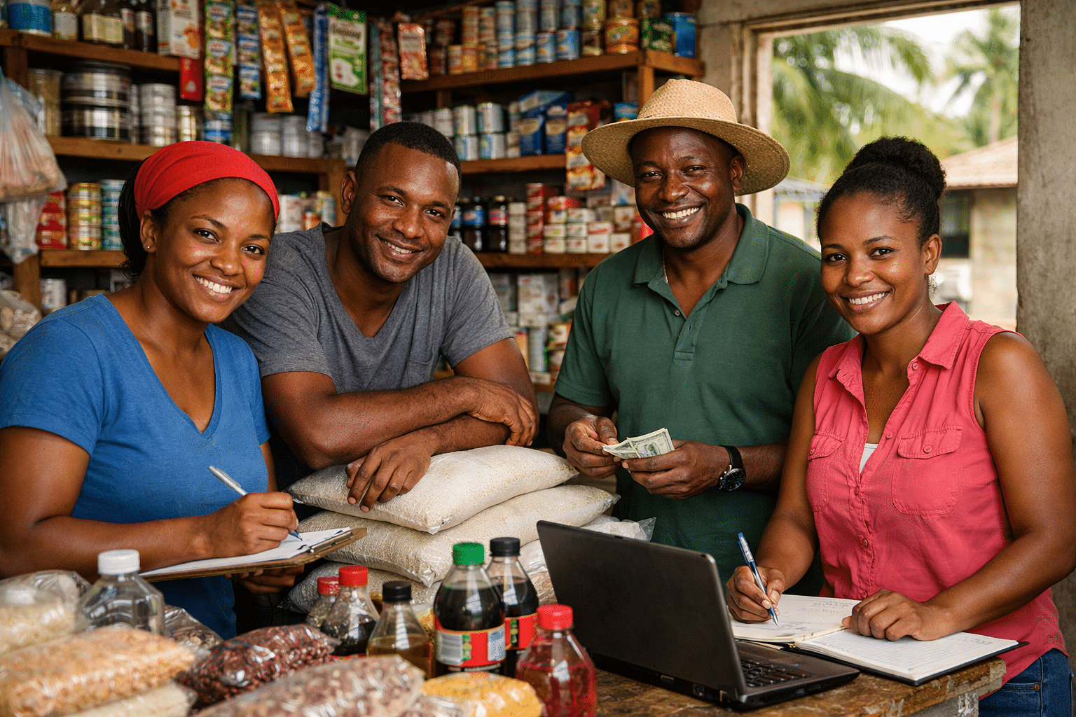 Haitian adults running a small local business together, men and women collaborating with confidence, organized and clean workspace