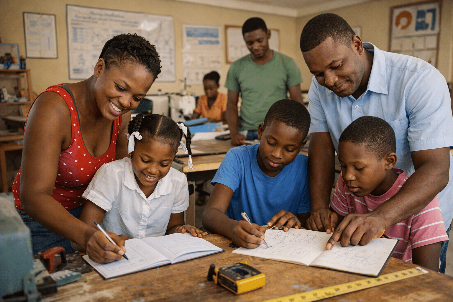 Haitian adults and youth learning together in a structured educational or skills training environment, adults mentoring and guiding, children actively engaged