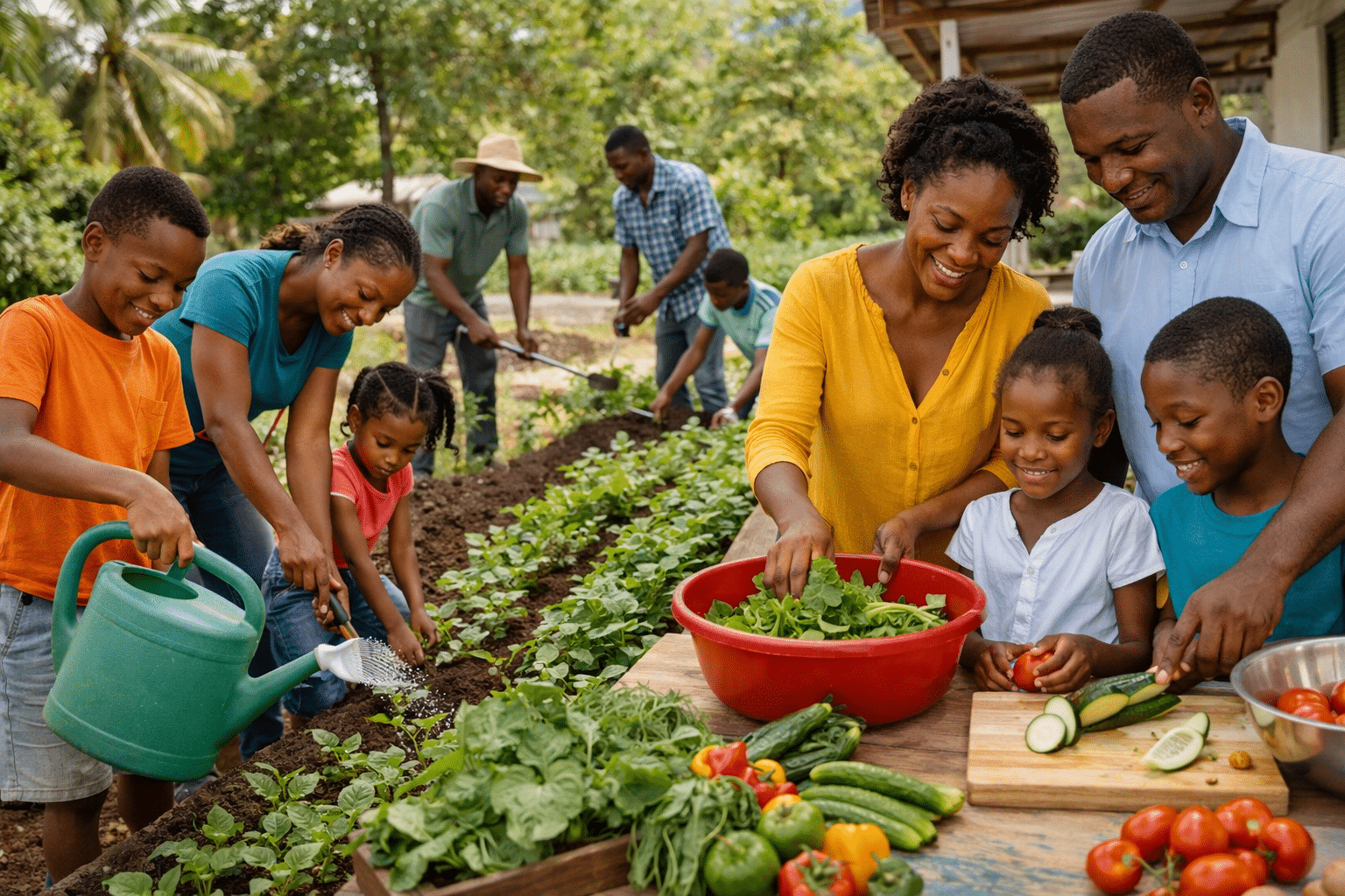 Haitian adults and families working together on food security initiatives, community garden or small-scale agriculture, adults leading food production and preparation, children assisting and learning