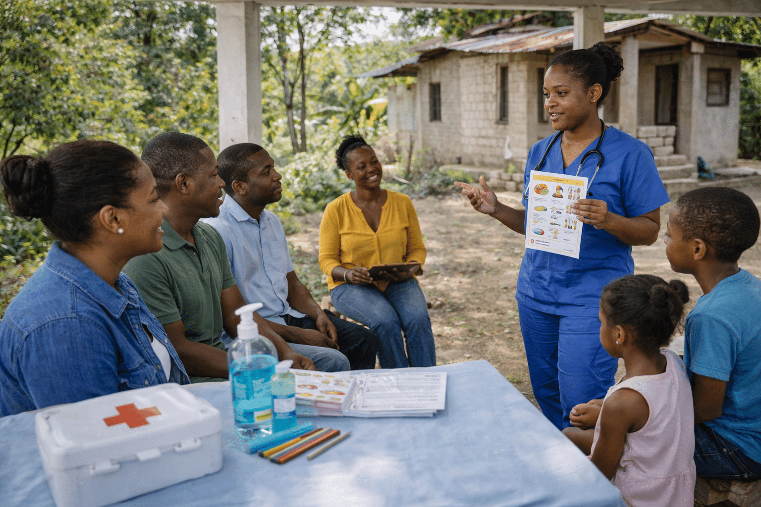 Haitian adults and families participating in a community health and wellness program, healthcare worker or community leader providing guidance and education, supportive and calm environment