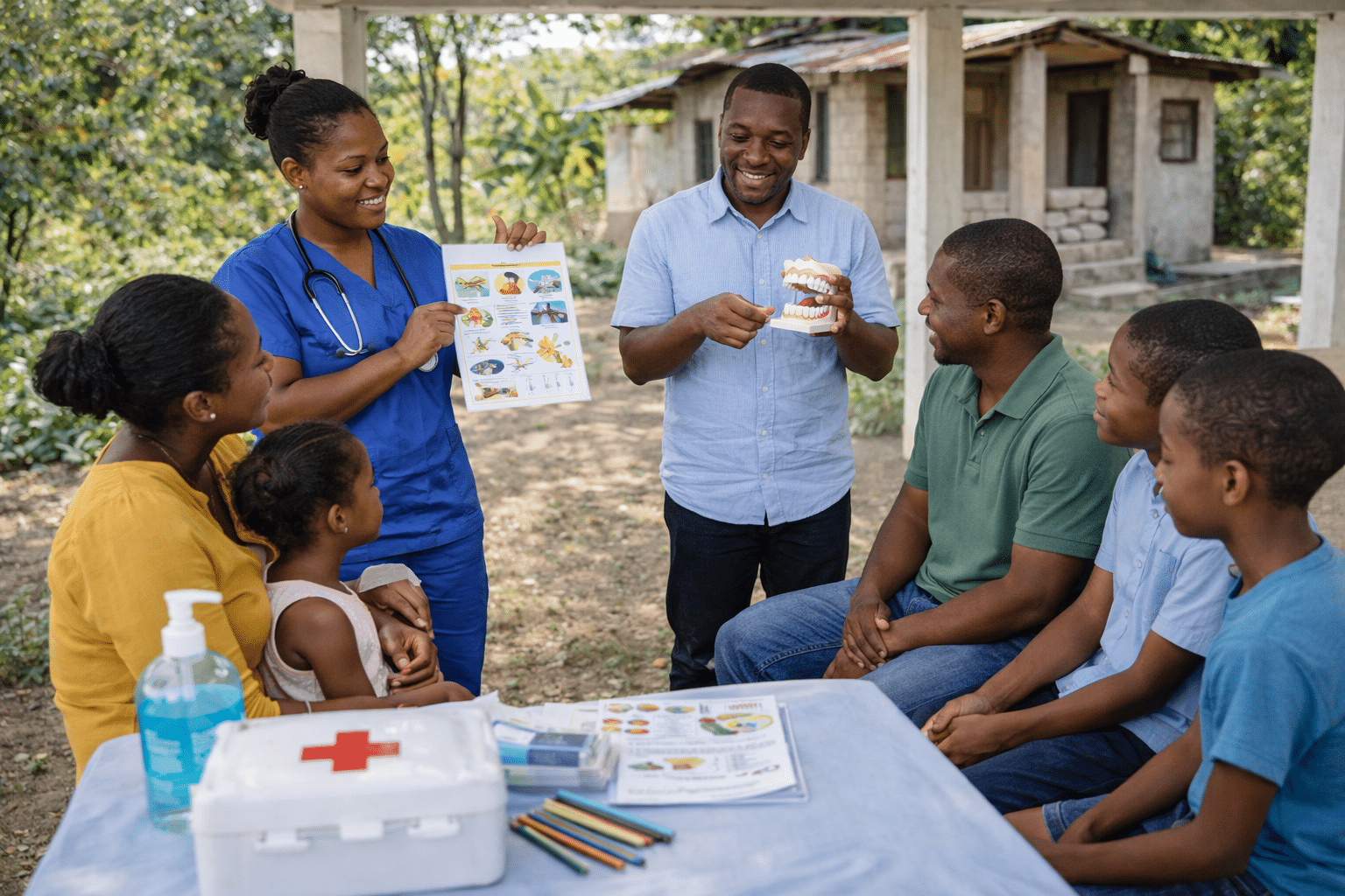 Haitian community health workers and families engaging in preventive health education, local adults leading care and guidance, parents and children participating together, respectful and collaborative interaction