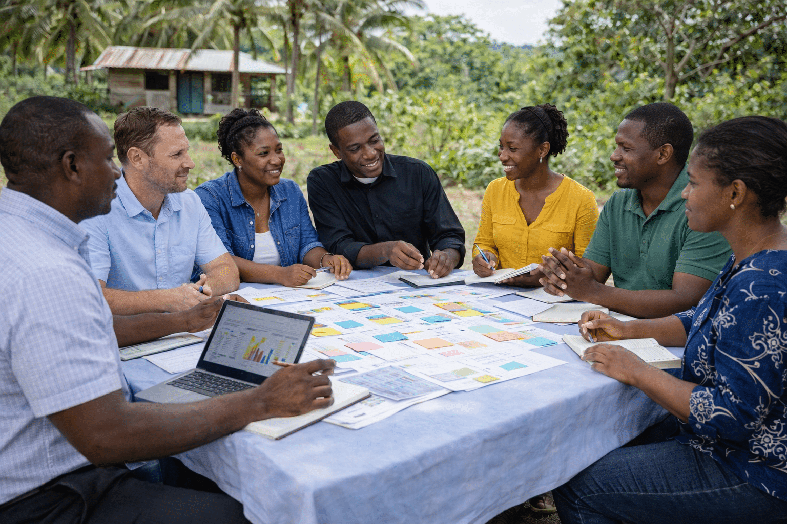 Haitian community leaders, representatives from local organizations, schools, and faith groups collaborating in a planning meeting, adults working together as equals, shared decision-making and coordination