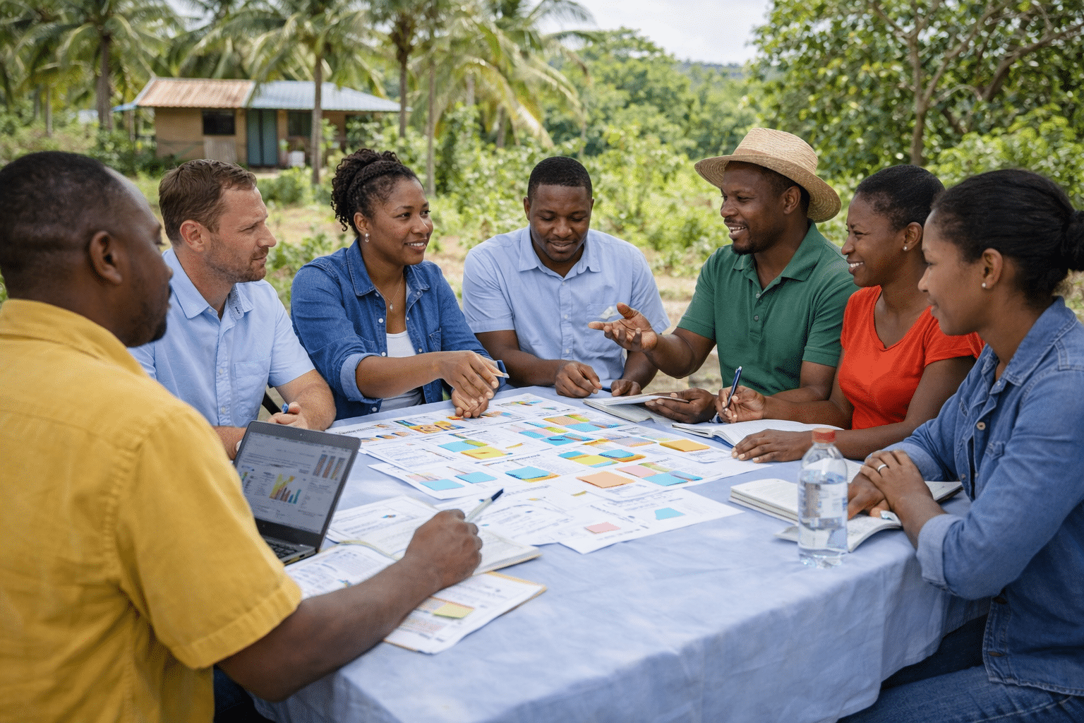 Haitian community leaders, local organizations, and partners collaborating in a planning and coordination meeting, men and women working together as equals, shared decision-making, visible discussion and cooperation