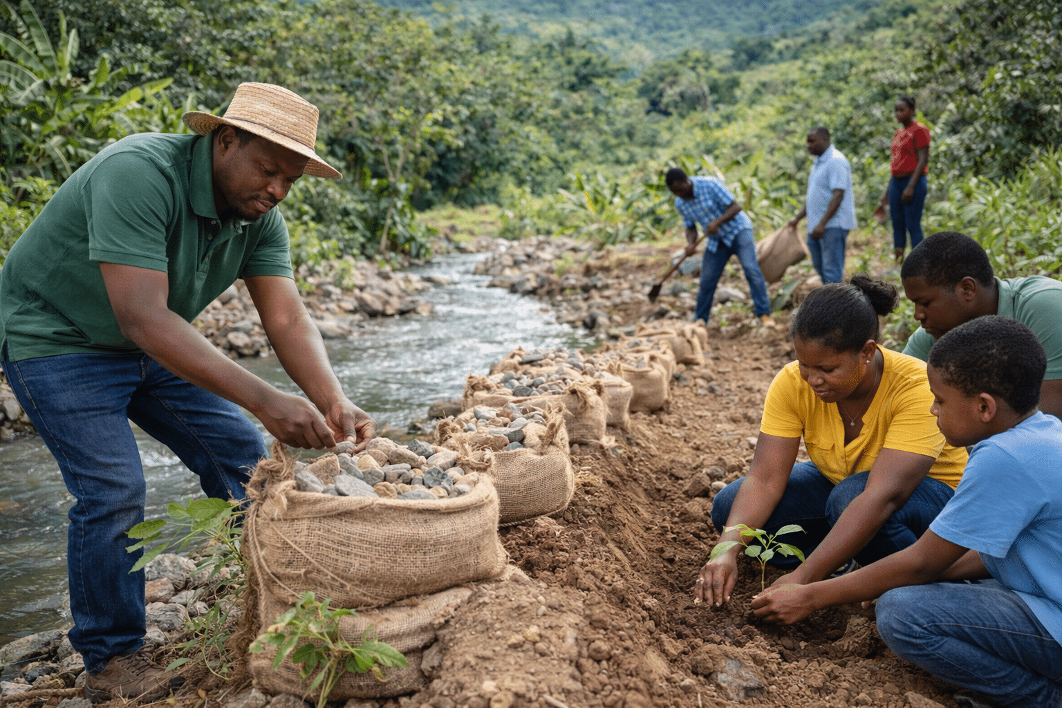 Haitian community members working together to address climate challenges, such as managing land erosion, protecting water sources
