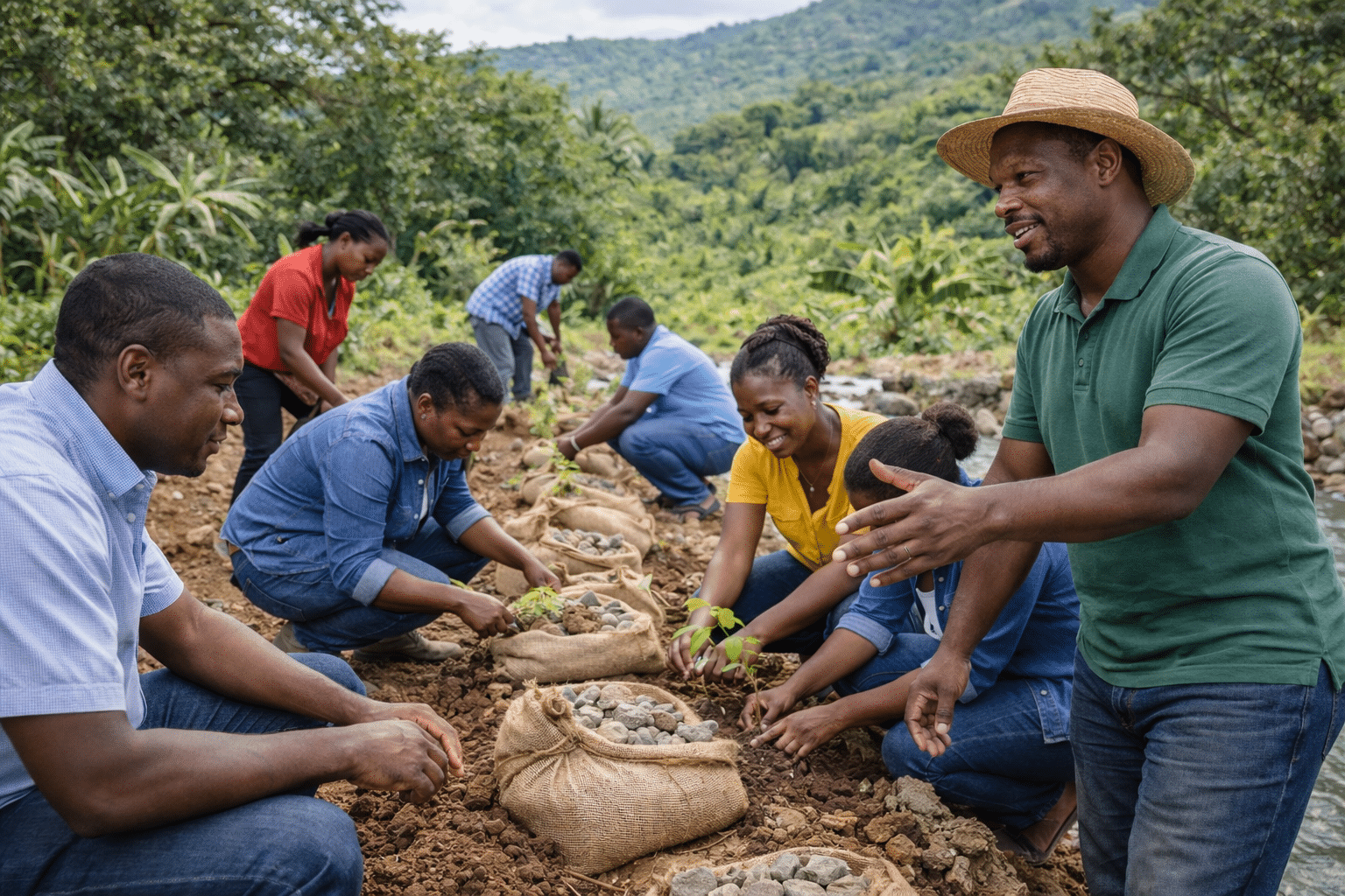 Haitian adults and community members working together on climate resilience initiatives, such as land restoration, tree planting