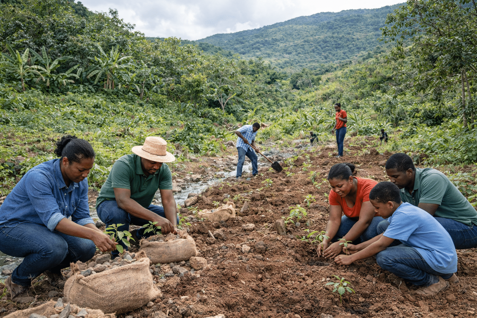 Haitian community members actively restoring and caring for land, such as tree planting, soil conservation, reforestation, or sustainable farming, adults leading environmental stewardship efforts, natural Caribbean landscape with visible vegetation and terrain