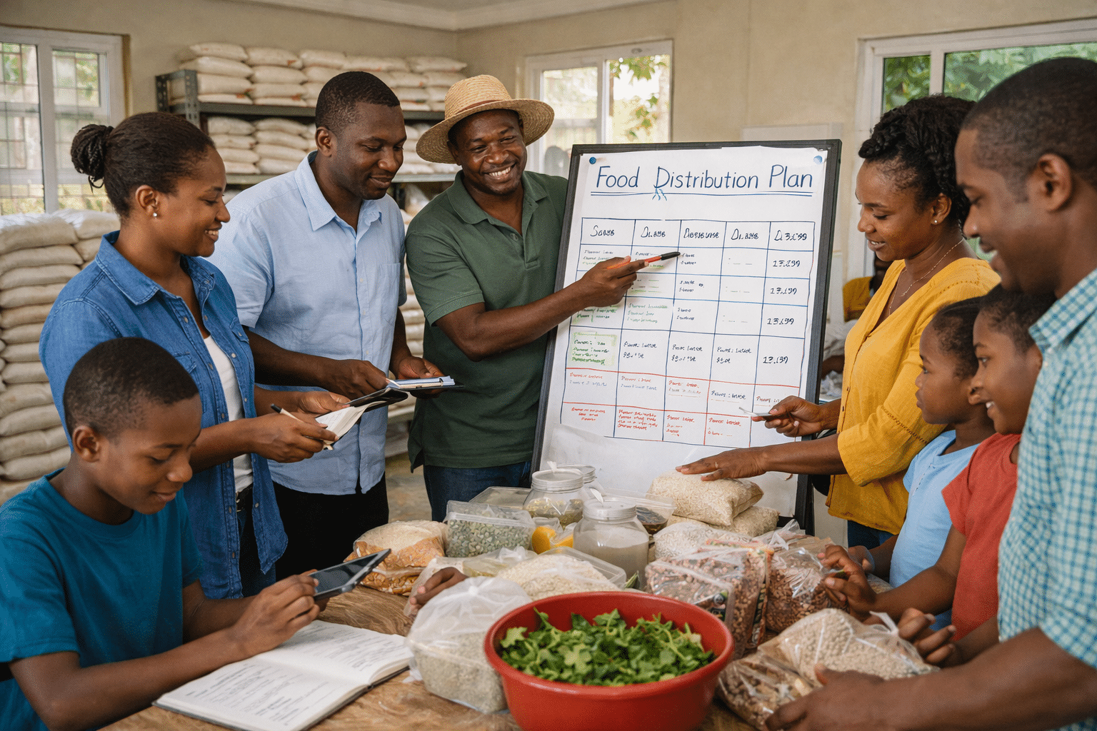 Haitian adults and families working together to improve food security, community members organizing food distribution and storage systems, adults leading planning and coordination, structured and clean environment