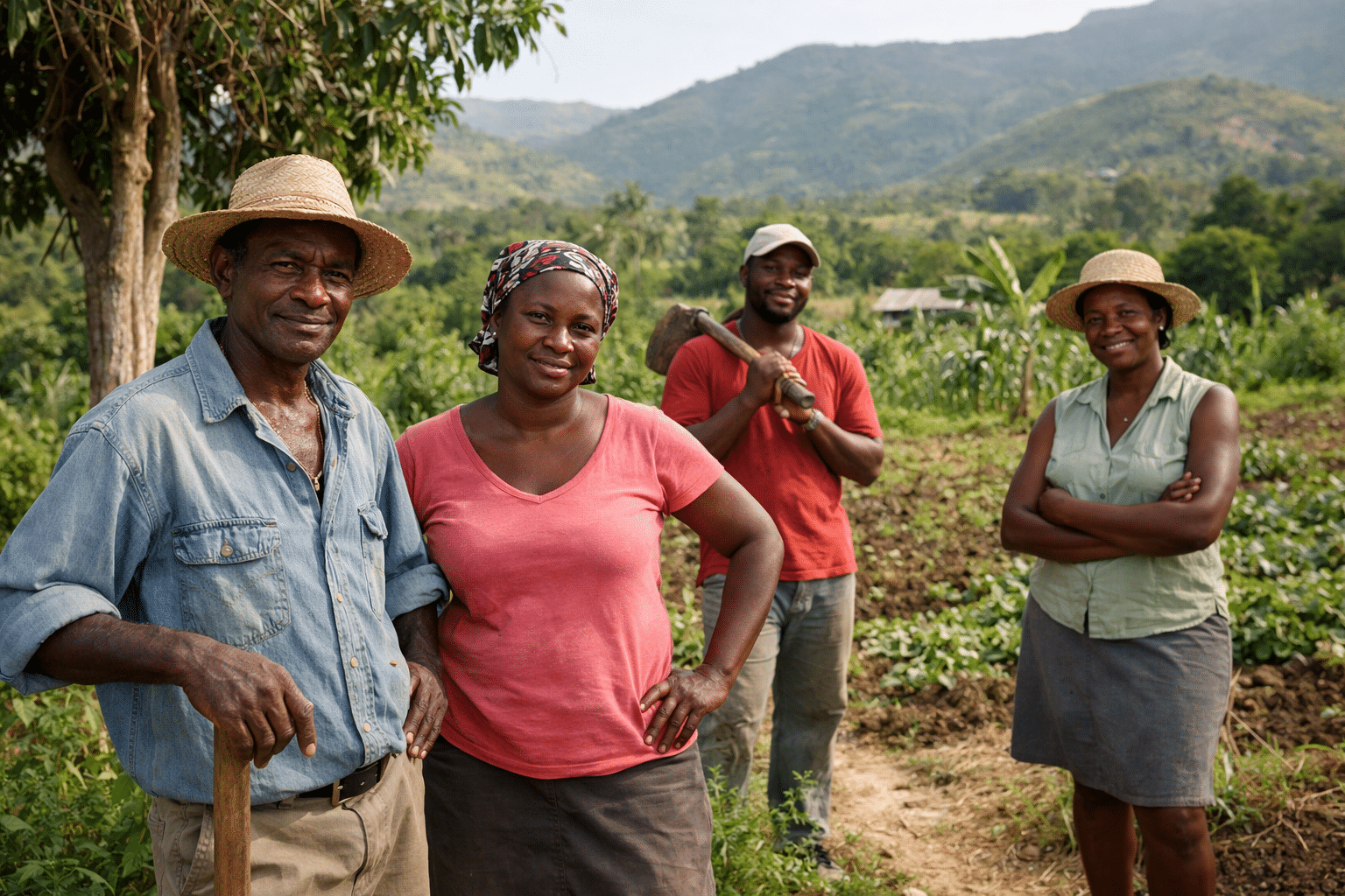 Haitian adults working together in a rural community landscape, visible greenery and cultivated land, people standing confidently near trees